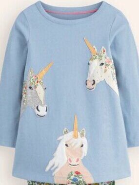 Mini Boden Long Sleeve Applique Tunic, French Blue Unicorns (3-4Y)